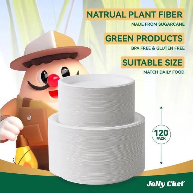 Alt view image 7 of 7 - Compostable Heavy Duty 7 Inch and 9 Inch 120 Pack Eco-Friendly Paper Plates | Disposable Plates Bagasse Biodegradable Sugarcane for Party Hot Cold Foods Christmas(White)