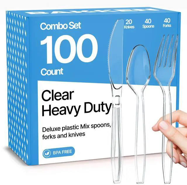 Main image of Disposable Cutlery Combo Set, 100 Pieces of Forks, Knives & Spoons, Heavy Duty Plastic Silverware, BPA-Free Food-Grade Materials, Heat-Resistant, Reusable Utensils for Parties and Everyday Use, Clear