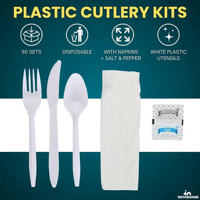 Alt view image 2 of 7 - Cutlery Set Disposable, Plastic Wrapped Cutlery Kit (Knife/Fork/Teaspoon/Napkin/Salt and Pepper), Heavy Duty, 50 Pack