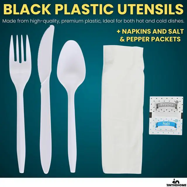 Alt view image 3 of 7 - Cutlery Set Disposable, Plastic Wrapped Cutlery Kit (Knife/Fork/Teaspoon/Napkin/Salt and Pepper), Heavy Duty, 50 Pack
