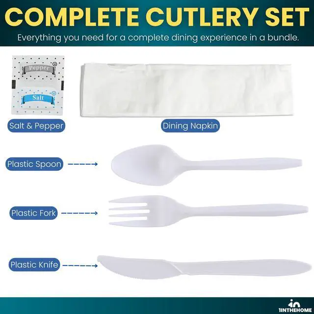 Alt view image 4 of 7 - Cutlery Set Disposable, Plastic Wrapped Cutlery Kit (Knife/Fork/Teaspoon/Napkin/Salt and Pepper), Heavy Duty, 50 Pack