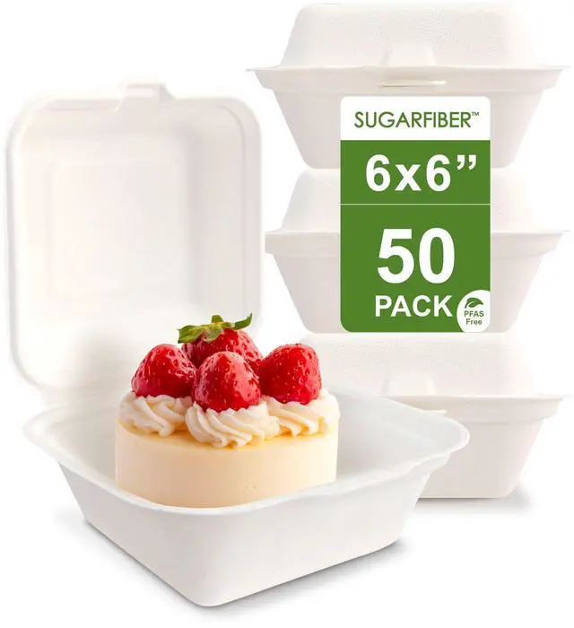 Main image of 6X6 inch Compostable White Square Clamshell Take Out Food Containers togo Ideal bento cake box & burger container,PFAS Free Heavy Duty Sugarcane Bagasse Boxes, Microwavable Eco Friendly mini clam box