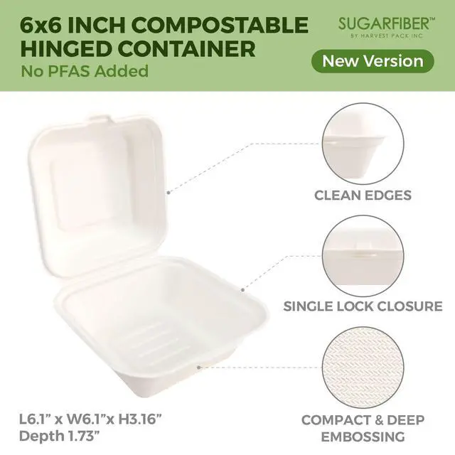 Alt view image 2 of 7 - 6X6 inch Compostable White Square Clamshell Take Out Food Containers togo Ideal bento cake box & burger container,PFAS Free Heavy Duty Sugarcane Bagasse Boxes, Microwavable Eco Friendly mini clam box