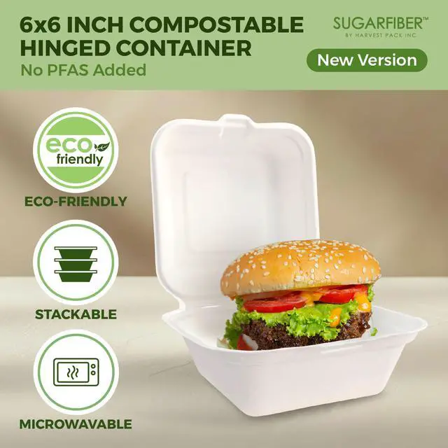 Alt view image 4 of 7 - 6X6 inch Compostable White Square Clamshell Take Out Food Containers togo Ideal bento cake box & burger container,PFAS Free Heavy Duty Sugarcane Bagasse Boxes, Microwavable Eco Friendly mini clam box