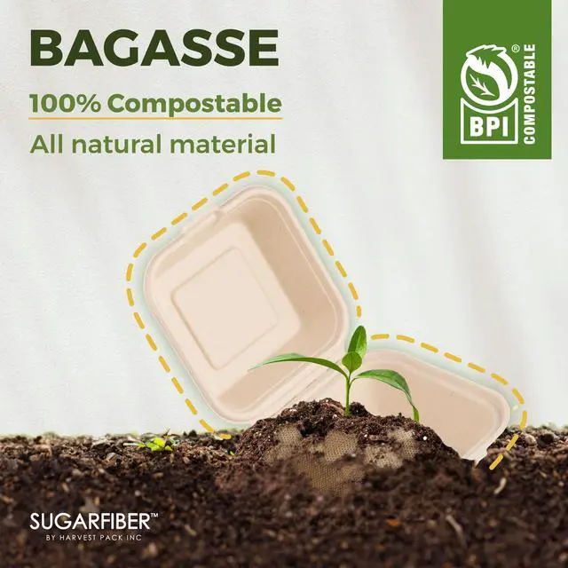 Alt view image 7 of 7 - 6X6 inch Compostable White Square Clamshell Take Out Food Containers togo Ideal bento cake box & burger container,PFAS Free Heavy Duty Sugarcane Bagasse Boxes, Microwavable Eco Friendly mini clam box