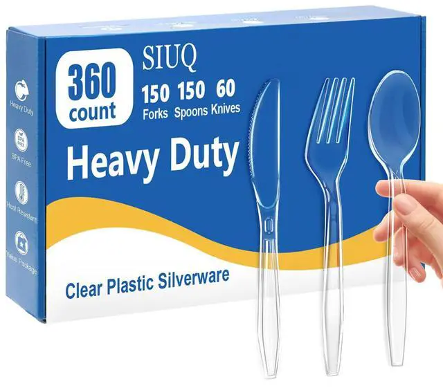 Main image of 360 Count Heavy Duty Clear Plastic Silverware,Plastic Cutlery Set | 150 Forks, 150 Spoons, 60 Knives, Disposable Plastic Utensils Set, Plasticware Bulk for Parties, Catering, Picnic