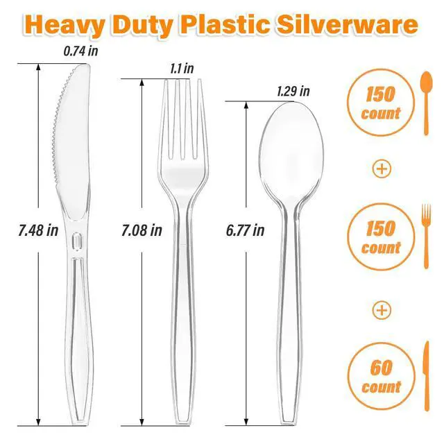 Alt view image 3 of 7 - 360 Count Heavy Duty Clear Plastic Silverware,Plastic Cutlery Set | 150 Forks, 150 Spoons, 60 Knives, Disposable Plastic Utensils Set, Plasticware Bulk for Parties, Catering, Picnic