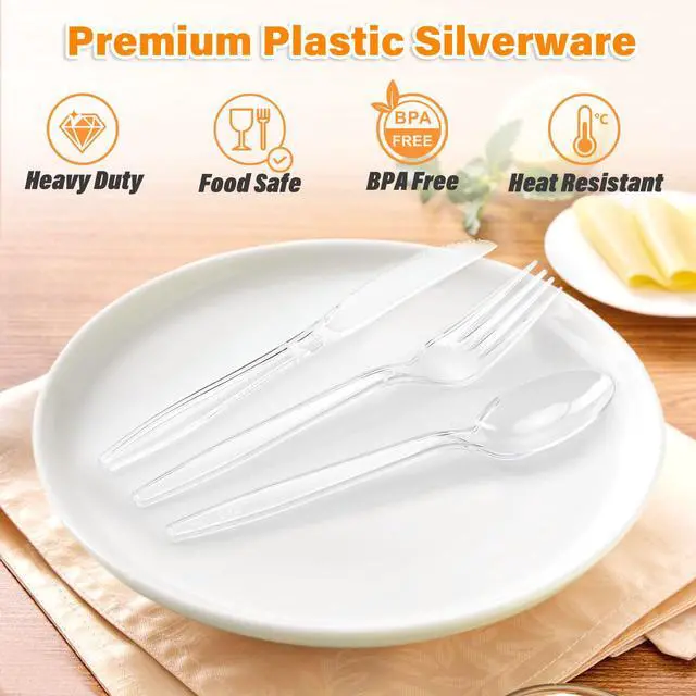 Alt view image 4 of 7 - 360 Count Heavy Duty Clear Plastic Silverware,Plastic Cutlery Set | 150 Forks, 150 Spoons, 60 Knives, Disposable Plastic Utensils Set, Plasticware Bulk for Parties, Catering, Picnic