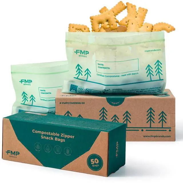 Main image of 50 Pack 100% Compostable Snack Bags, 6.5 x 4.1" Resealable Food Storage Bags Snack Size, Plant-Based Freezer Bags for Food, ASTM D6400, US BPI & EU OK Compost Certified