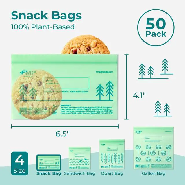 Alt view image 2 of 7 - 50 Pack 100% Compostable Snack Bags, 6.5 x 4.1" Resealable Food Storage Bags Snack Size, Plant-Based Freezer Bags for Food, ASTM D6400, US BPI & EU OK Compost Certified