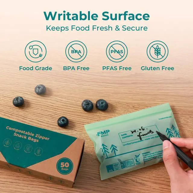 Alt view image 4 of 7 - 50 Pack 100% Compostable Snack Bags, 6.5 x 4.1" Resealable Food Storage Bags Snack Size, Plant-Based Freezer Bags for Food, ASTM D6400, US BPI & EU OK Compost Certified