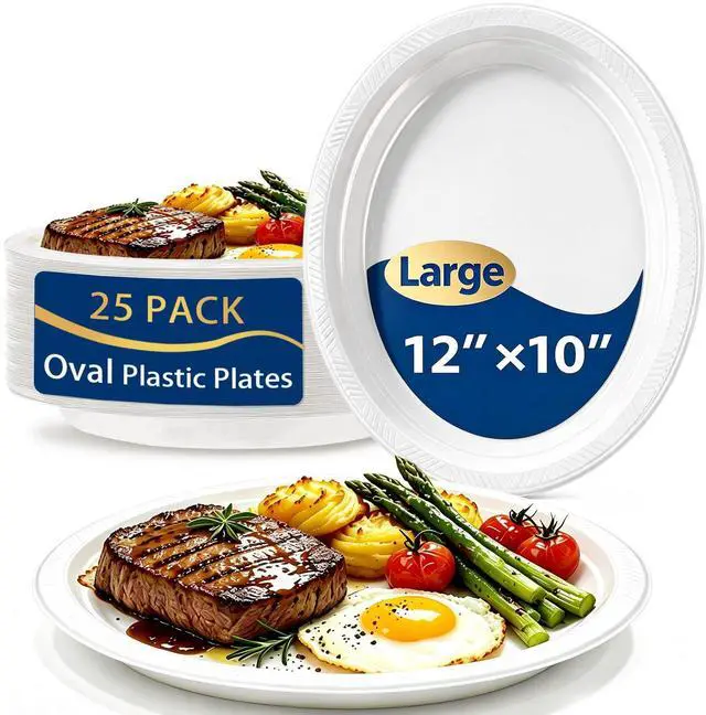 Main image of 25 Count 10x12 Inch White Plastic Plates, Disposable Oval Plates | BPA-free lightweight oval plastic plates. Flexible & leak-proof. Great for daily use, backyard BBQ, picnics, and parties.