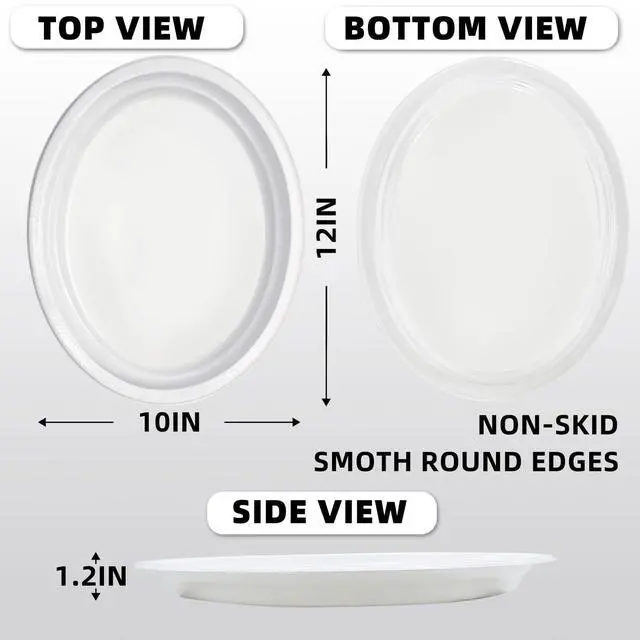 Alt view image 2 of 7 - 25 Count 10x12 Inch White Plastic Plates, Disposable Oval Plates | BPA-free lightweight oval plastic plates. Flexible & leak-proof. Great for daily use, backyard BBQ, picnics, and parties.