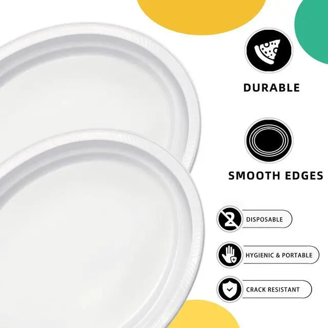 Alt view image 3 of 7 - 25 Count 10x12 Inch White Plastic Plates, Disposable Oval Plates | BPA-free lightweight oval plastic plates. Flexible & leak-proof. Great for daily use, backyard BBQ, picnics, and parties.