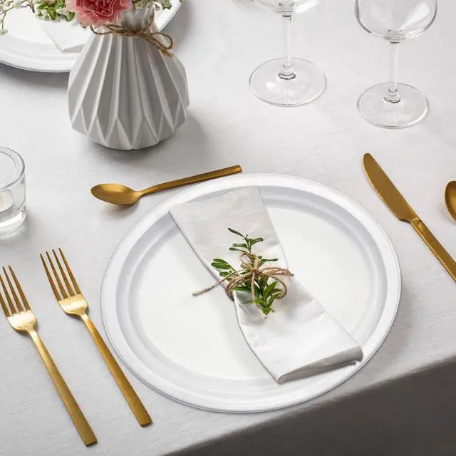 Alt view image 4 of 7 - 25 Count 10x12 Inch White Plastic Plates, Disposable Oval Plates | BPA-free lightweight oval plastic plates. Flexible & leak-proof. Great for daily use, backyard BBQ, picnics, and parties.