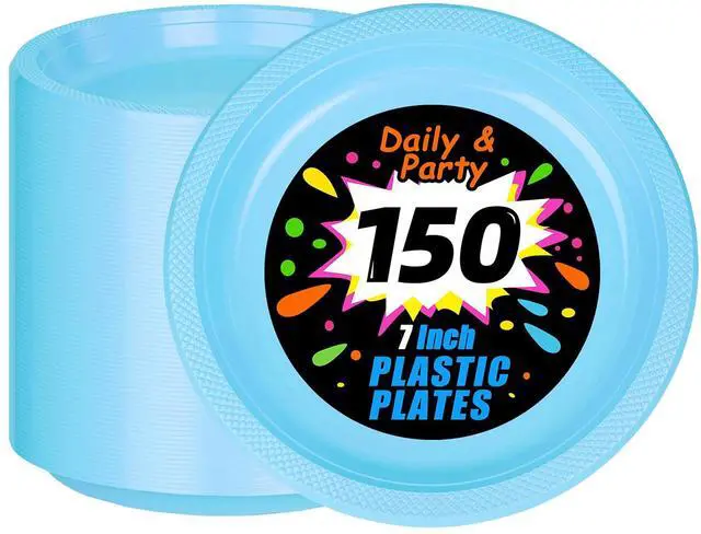 Main image of 150 Pcs 7 Inch Light Blue Plastic Dessert Plates | Disposable Plastic Baby Blue Dessert Plates for Party Cake Appetizer Salad Baby Shower