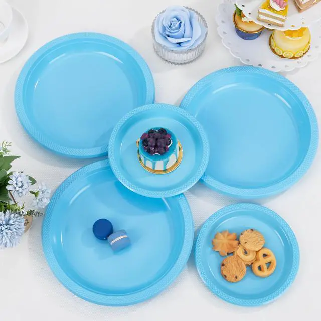 Alt view image 3 of 7 - 150 Pcs 7 Inch Light Blue Plastic Dessert Plates | Disposable Plastic Baby Blue Dessert Plates for Party Cake Appetizer Salad Baby Shower