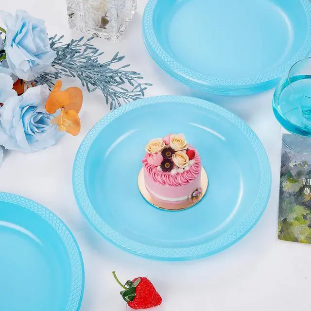 Alt view image 2 of 7 - 150 Pcs 7 Inch Light Blue Plastic Dessert Plates | Disposable Plastic Baby Blue Dessert Plates for Party Cake Appetizer Salad Baby Shower