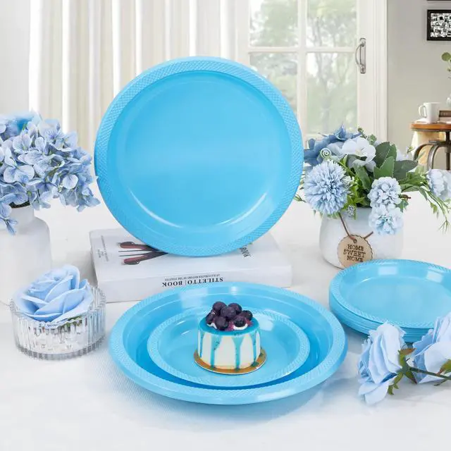 Alt view image 4 of 7 - 150 Pcs 7 Inch Light Blue Plastic Dessert Plates | Disposable Plastic Baby Blue Dessert Plates for Party Cake Appetizer Salad Baby Shower