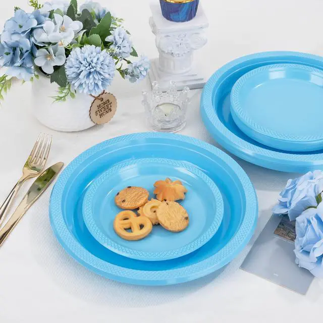 Alt view image 6 of 7 - 150 Pcs 7 Inch Light Blue Plastic Dessert Plates | Disposable Plastic Baby Blue Dessert Plates for Party Cake Appetizer Salad Baby Shower
