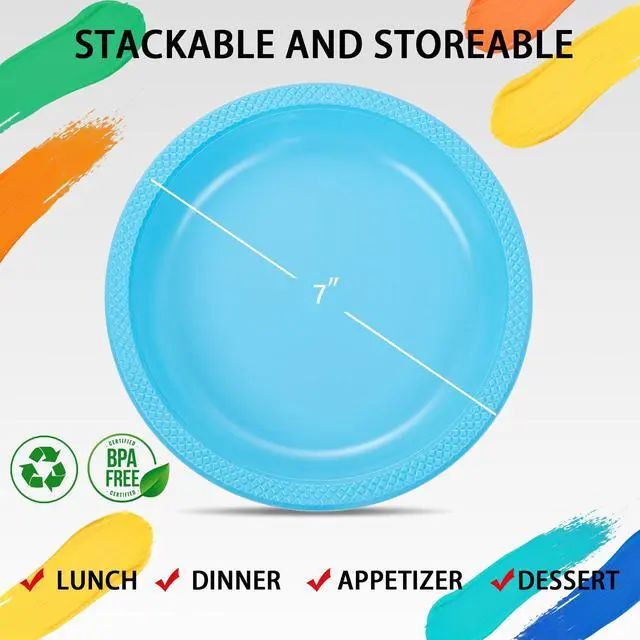 Alt view image 7 of 7 - 150 Pcs 7 Inch Light Blue Plastic Dessert Plates | Disposable Plastic Baby Blue Dessert Plates for Party Cake Appetizer Salad Baby Shower