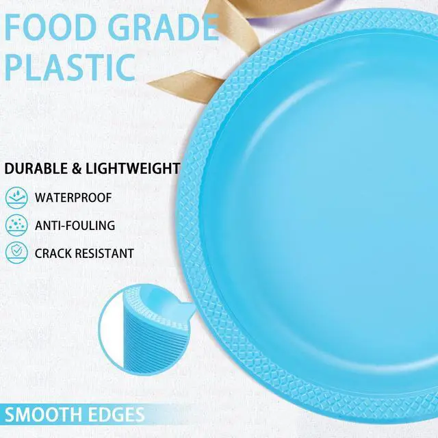 Alt view image 5 of 7 - 150 Pcs 7 Inch Light Blue Plastic Dessert Plates | Disposable Plastic Baby Blue Dessert Plates for Party Cake Appetizer Salad Baby Shower