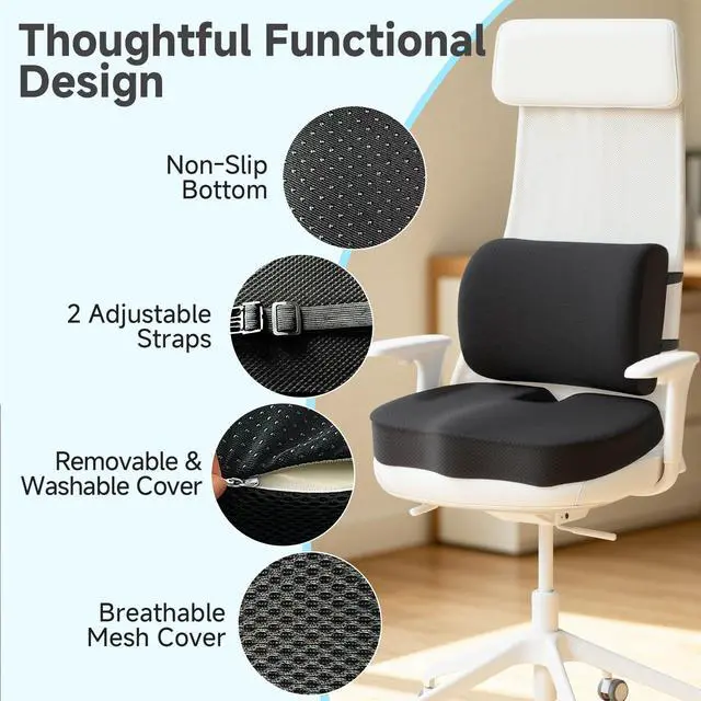 Alt view image 5 of 7 - Seat Cushion &Office Chair Cushion,Lumbar Support Pillow for Office Chair,Ergonomic Memory Foam Non-Slip Office Chair Cushion,Back Support Cushions for Tailbone&Sciatica Pain Relief Black