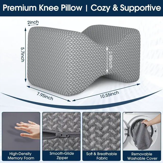 Alt view image 2 of 7 - Memory Foam Knee & Leg Pillow for Side Sleepers, Grey, Large | Ergonomic Supports Knees, Legs, Hips, Back and Spinal Alignment for Side Sleeping and Pregnancy, Removable Washable Cover