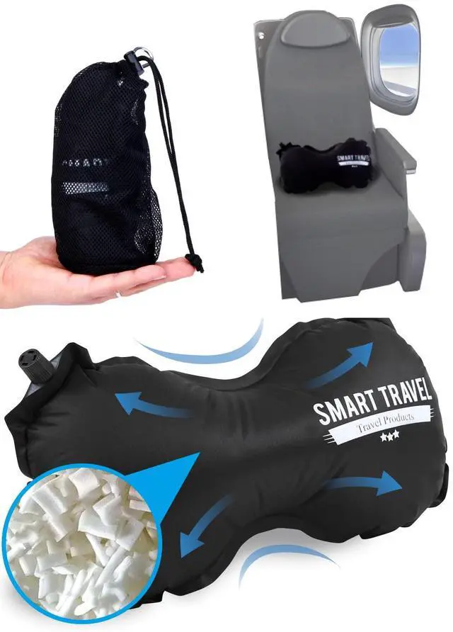 Main image of Inflatable Lumbar Support Travel Pillow for Airplane Seat | Adjustable back support cushion for long flights, office & car; eases lower back discomfort; self-inflates, packs small