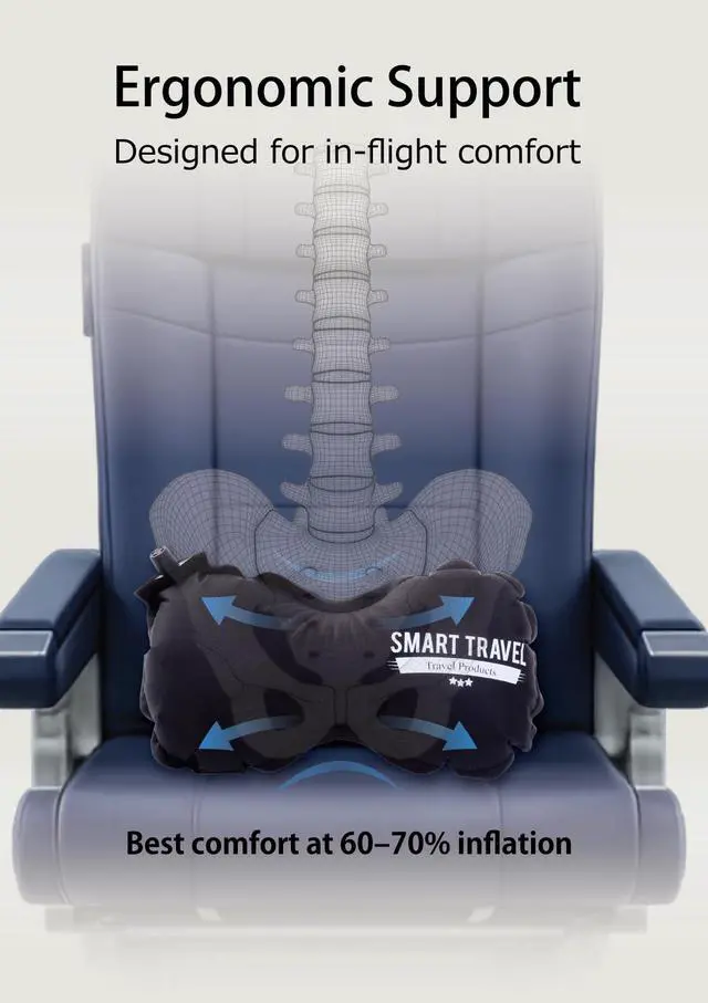Alt view image 4 of 7 - Inflatable Lumbar Support Travel Pillow for Airplane Seat | Adjustable back support cushion for long flights, office & car; eases lower back discomfort; self-inflates, packs small