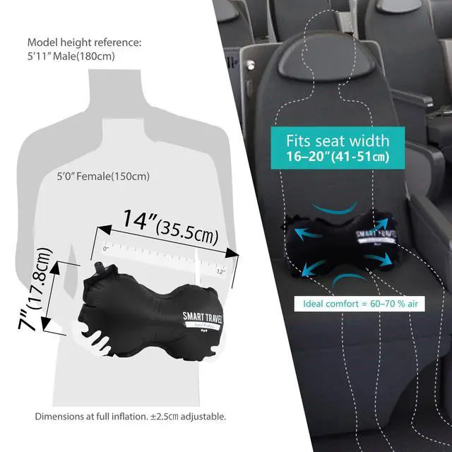 Alt view image 5 of 7 - Inflatable Lumbar Support Travel Pillow for Airplane Seat | Adjustable back support cushion for long flights, office & car; eases lower back discomfort; self-inflates, packs small