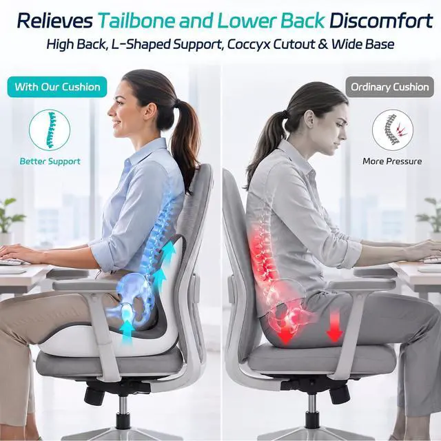 Alt view image 2 of 7 - Back and Seat Cushion for Office, Back & Tailbone Pain Relief, Raised Cushion for Lumbar and Butt, Double-Sided Anti-Slip, Improves Sitting Posture, Ergonomic Memory Foam Lumbar Cushion