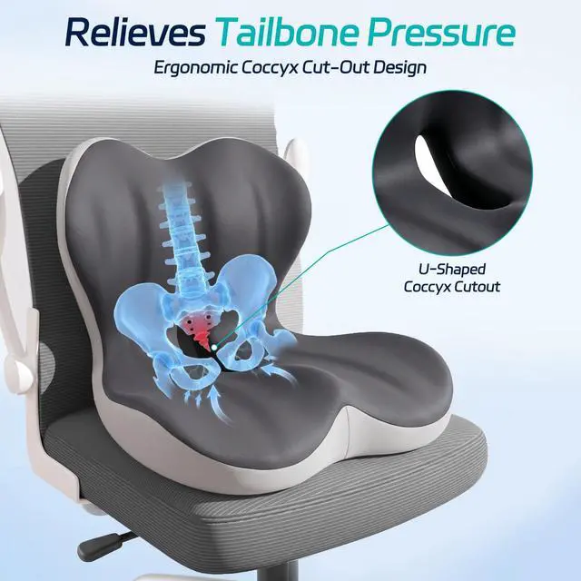 Alt view image 4 of 7 - Back and Seat Cushion for Office, Back & Tailbone Pain Relief, Raised Cushion for Lumbar and Butt, Double-Sided Anti-Slip, Improves Sitting Posture, Ergonomic Memory Foam Lumbar Cushion