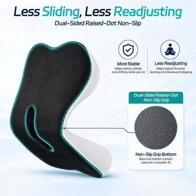 Alt view image 5 of 7 - Back and Seat Cushion for Office, Back & Tailbone Pain Relief, Raised Cushion for Lumbar and Butt, Double-Sided Anti-Slip, Improves Sitting Posture, Ergonomic Memory Foam Lumbar Cushion