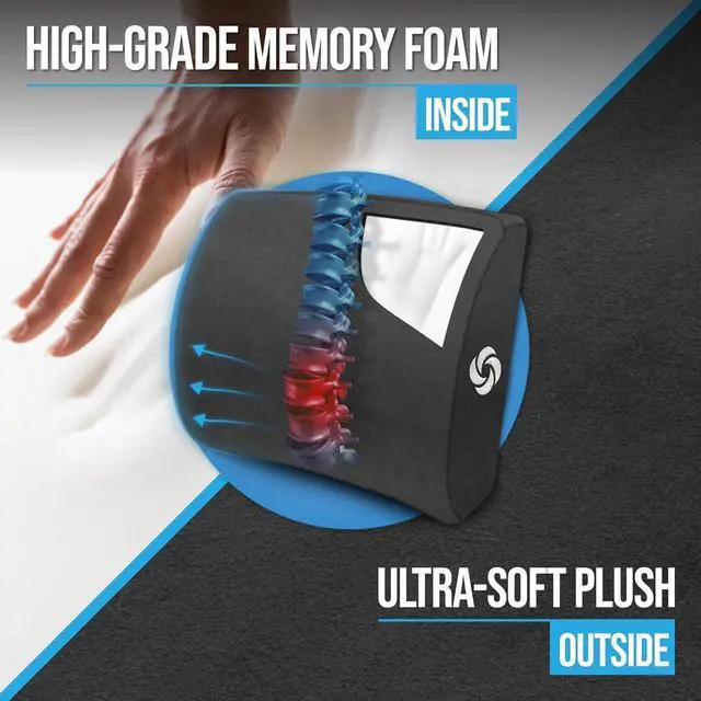Alt view image 3 of 6 - Lumbar Support Pillow for Office Chair and Car Seat, Perfectly Balanced Memory Foam, Versatile Lower Back Cushion, Black Plush