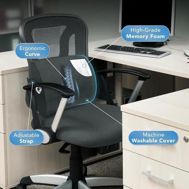 Alt view image 6 of 6 - Lumbar Support Pillow for Office Chair and Car Seat, Perfectly Balanced Memory Foam, Versatile Lower Back Cushion, Black Plush