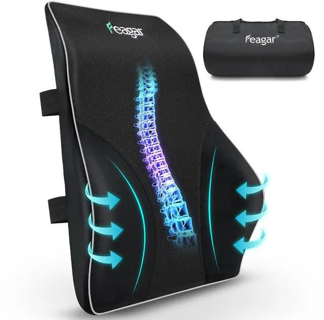 Main image of Lumbar Support Pillow Back Support for Lower Back Pain Relief Improve Posture, Extra Large Memory Foam Pillows for Car Seat Office Chair Home, Mesh Cover Double Adjustable Straps, Black