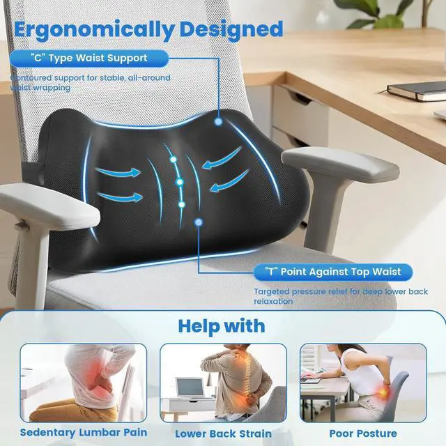 Alt view image 2 of 7 - Lumbar Support Pillow, Memory Foam Back Cushion for Office Chair Car, Black | Ergonomic Lower Back Support with Adjustable Strap, Breathable Removable Cover for Couch, Wheelchair, Driving Seat