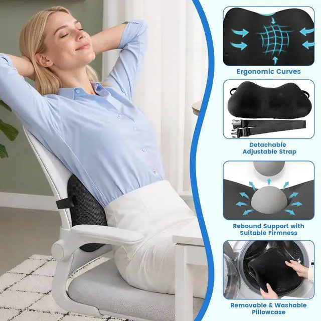 Alt view image 3 of 7 - Lumbar Support Pillow, Memory Foam Back Cushion for Office Chair Car, Black | Ergonomic Lower Back Support with Adjustable Strap, Breathable Removable Cover for Couch, Wheelchair, Driving Seat