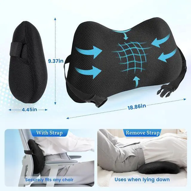 Alt view image 5 of 7 - Lumbar Support Pillow, Memory Foam Back Cushion for Office Chair Car, Black | Ergonomic Lower Back Support with Adjustable Strap, Breathable Removable Cover for Couch, Wheelchair, Driving Seat