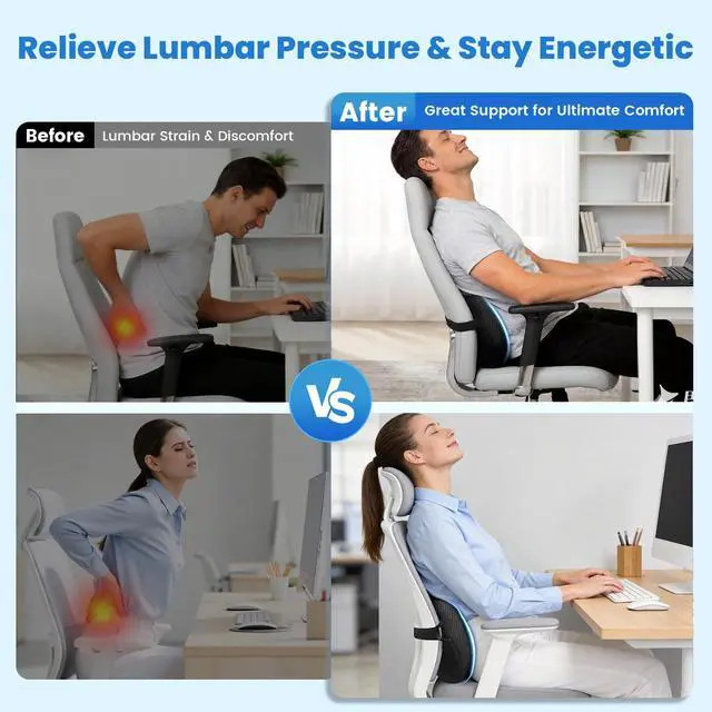 Alt view image 7 of 7 - Lumbar Support Pillow, Memory Foam Back Cushion for Office Chair Car, Black | Ergonomic Lower Back Support with Adjustable Strap, Breathable Removable Cover for Couch, Wheelchair, Driving Seat