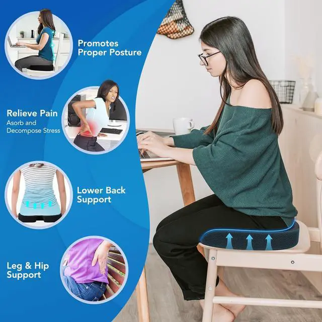 Alt view image 2 of 7 - Seat Cushion & Lumbar Support Pillow for Office Chair, Car, Wheelchair Memory Foam Desk Chair Cushion for Sciatica, Lower Back & Tailbone Pain Relief Desk Pad with Adjustable Strap 3D Washable Cover