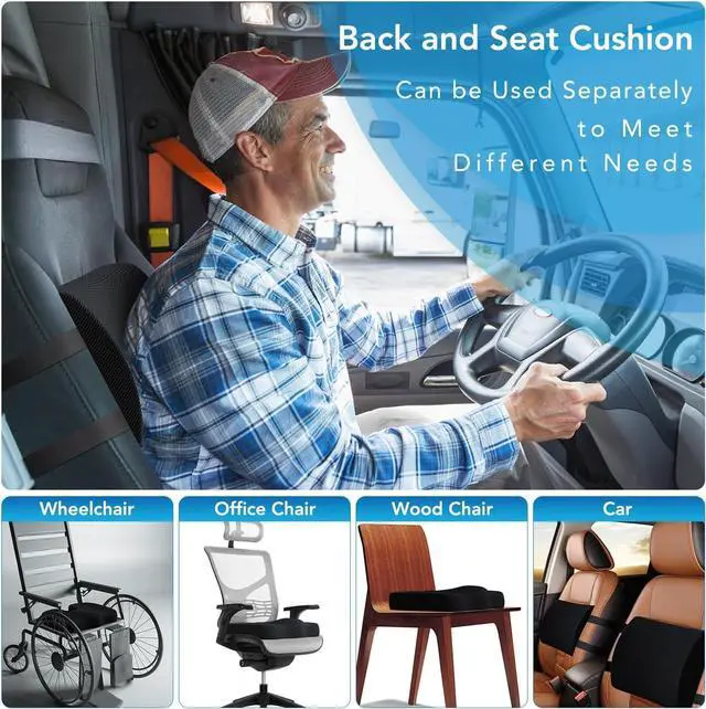 Alt view image 3 of 7 - Seat Cushion & Lumbar Support Pillow for Office Chair, Car, Wheelchair Memory Foam Desk Chair Cushion for Sciatica, Lower Back & Tailbone Pain Relief Desk Pad with Adjustable Strap 3D Washable Cover