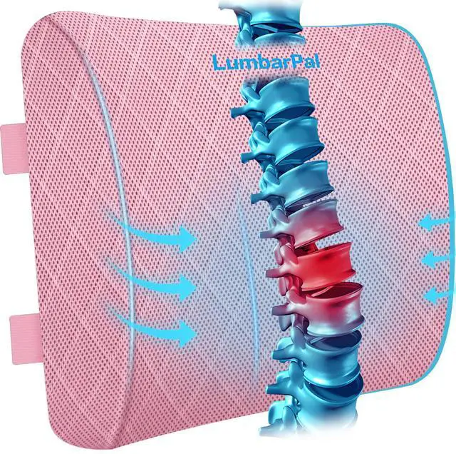 Main image of Support Pillow for Office Chair, Back Support, Memory Foam, Pink | Improve Sitting Posture & Back Pain Relief. Lumbar Pillow Fits Office, Gaming & Car Chairs with Adjustable Dual Straps