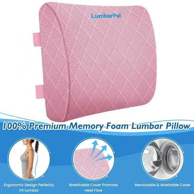 Alt view image 3 of 7 - Support Pillow for Office Chair, Back Support, Memory Foam, Pink | Improve Sitting Posture & Back Pain Relief. Lumbar Pillow Fits Office, Gaming & Car Chairs with Adjustable Dual Straps