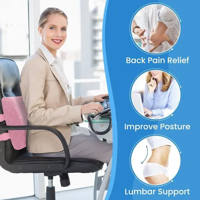 Alt view image 4 of 7 - Support Pillow for Office Chair, Back Support, Memory Foam, Pink | Improve Sitting Posture & Back Pain Relief. Lumbar Pillow Fits Office, Gaming & Car Chairs with Adjustable Dual Straps