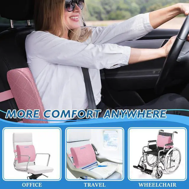 Alt view image 6 of 7 - Support Pillow for Office Chair, Back Support, Memory Foam, Pink | Improve Sitting Posture & Back Pain Relief. Lumbar Pillow Fits Office, Gaming & Car Chairs with Adjustable Dual Straps