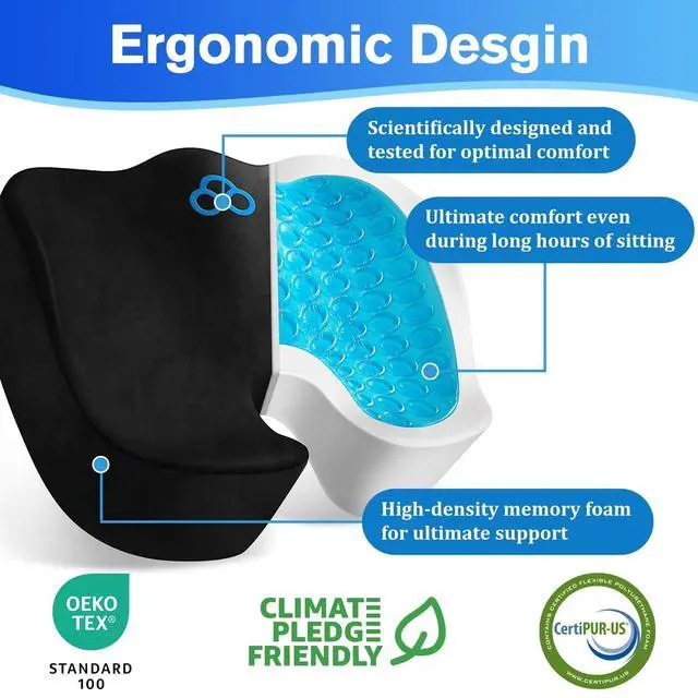 Alt view image 2 of 7 - Seat Cushion, Gel Memory Foam Office Chair Cushions, (Black) | Anti-Slip Back & Removable Cover, Ergonomic Tailbone Support Seat Cushion, Memory Foam Seat Cushion for Office