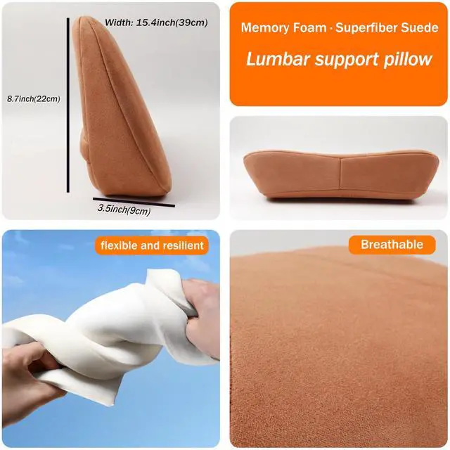 Alt view image 6 of 7 - Lumbar Support Pillow,Back Pain Relief Cushion,fits tightly around the waist,Memory Foam,Skin-friendly Suede Fabric,fit Car Drive,Office chair,Rest seat,Improve Posture,Portable,15.5''Lx 8.7''H