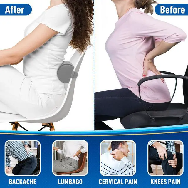 Alt view image 5 of 7 - Memory Foam Lumbar Roll Support Pillow, Large Ligjt Gray | Helps Relieve Back Pain & Supports Posture,Adjustable Strap Fits Office,Car & Gaming Chairs,Washable Cover